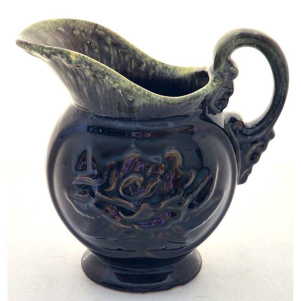Hull Pottery-Pitcher-Vase-Brown/Green Drip Glaze-Embossed-Large Pouring Lip